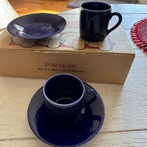 Porcelain Demi Cups and Saucers Set - Black and Blue